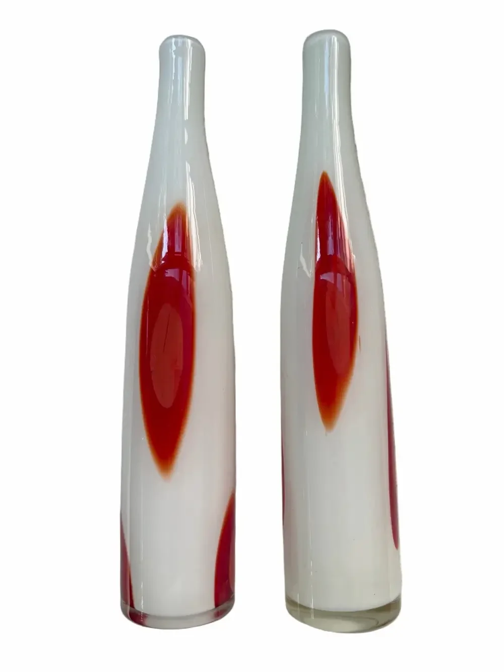 2 Vintage Murano Hand-Blown Art Glass Vases White Base Red Pulled Cane Dots